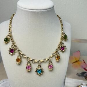 Vintage 1928 Pastel Crystal Heart Candy Charm Necklace Gold Tone Romantic Dolly